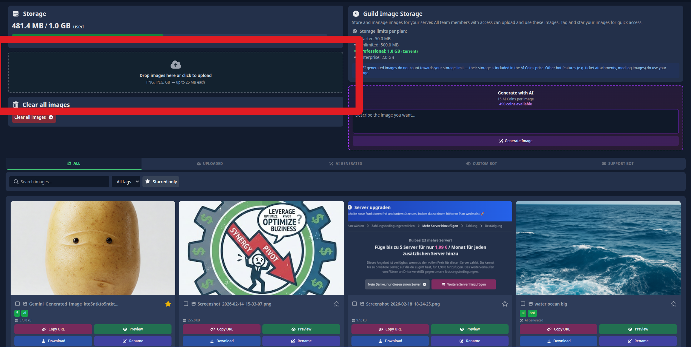 Screenshot, der demonstriert, wie man Dateien auf der Bilder-Seite per Drag & Drop oder durch Auswahl hochlädt