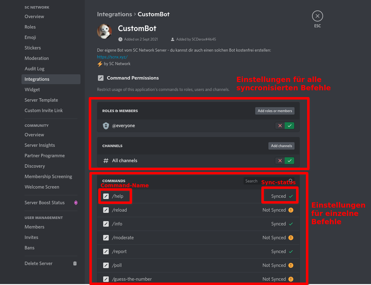 Rechte-Übersicht, zeigt die Liste der Befehle und deren aktuelle Berechtigungen