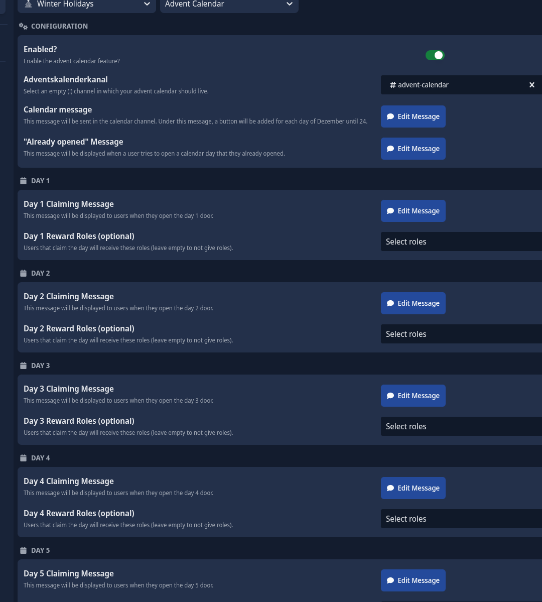 Screenshot showing the configuration options of the module &quot;Winter Holidays&quot; on scnx.app